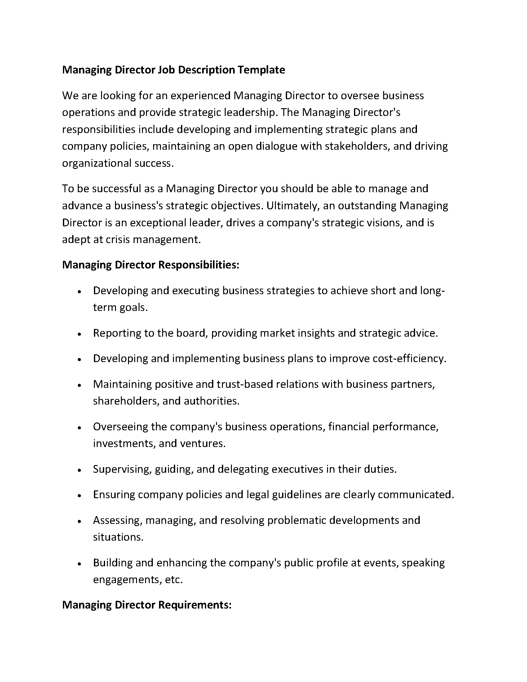 Managing Director Job Description Template